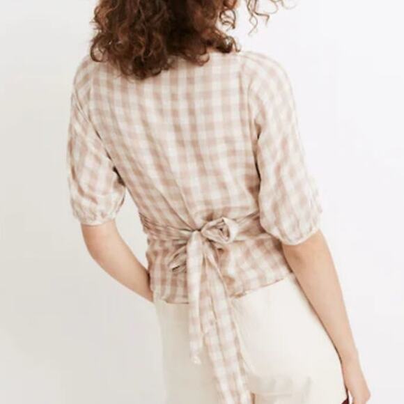 Madewell Tan Gingham Check Sweetheart Wrap Top Size Small - Picture 3 of 9
